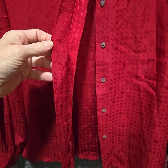 VTG Red Silky Blouse Sz10 Button up 70s 80s Valentines Romantic Glam Rock Asian - Picture 11 of 13